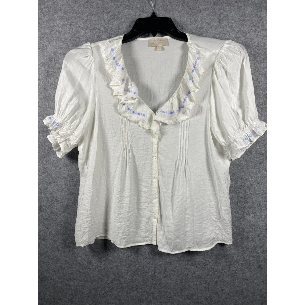 Hester & Orchard White Embroidered Ruffle Puff Sleeve Blouse Small Cottagecore